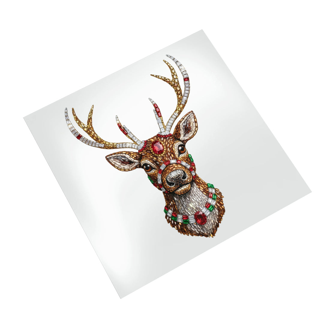 Rhinestone Christmas reindeer DTF transfer design on white background showing intricate gem details, colorful accents, and embroidered texture appearance