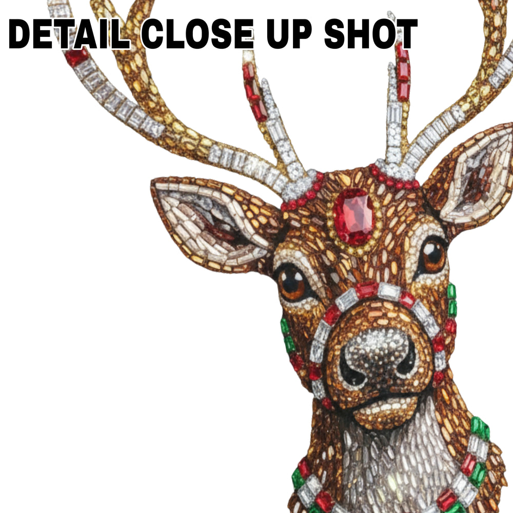 Christmas DTF transfer featuring detailed reindeer head with rhinestone antlers, sparkling gems, and textured brown fur with festive holiday decorations