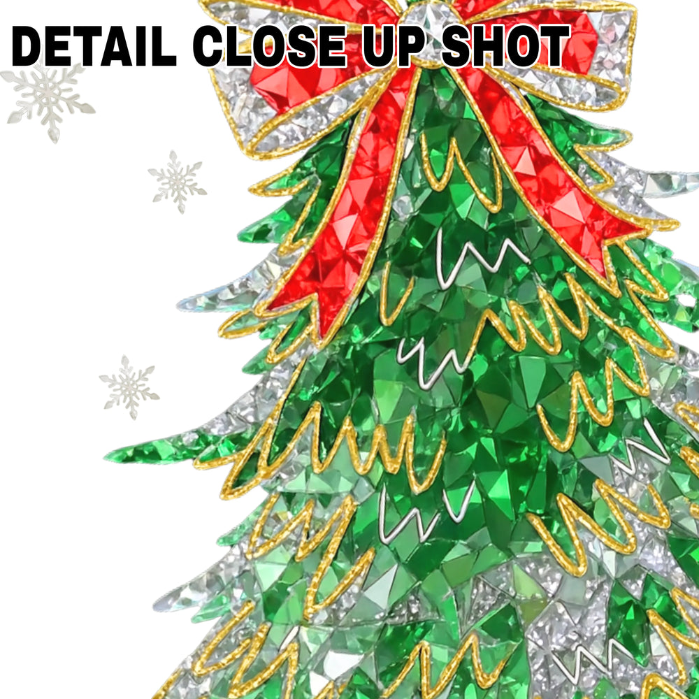 Sparkling rhinestone Christmas tree DTF transfer with emerald green gems, red crystal bow, and golden star topper on transparent background