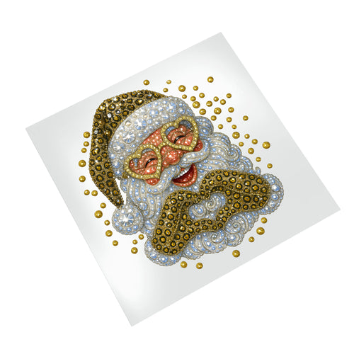 Premium Christmas DTF transfer showing rhinestone Santa design with metallic gold sequins and clear crystals on white background