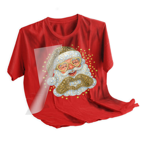 Applied rhinestone Santa Christmas DTF transfer on dark holiday t-shirt showing sparkling crystal and sequin details