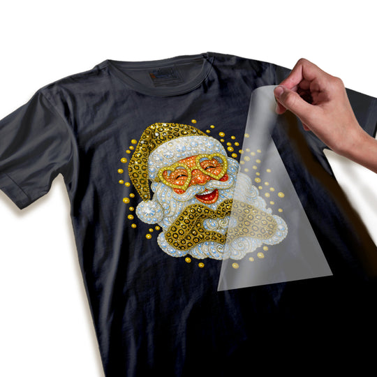 Close-up detail of rhinestone Santa DTF transfer highlighting individual crystals, golden sequins, and dimensional texture elements