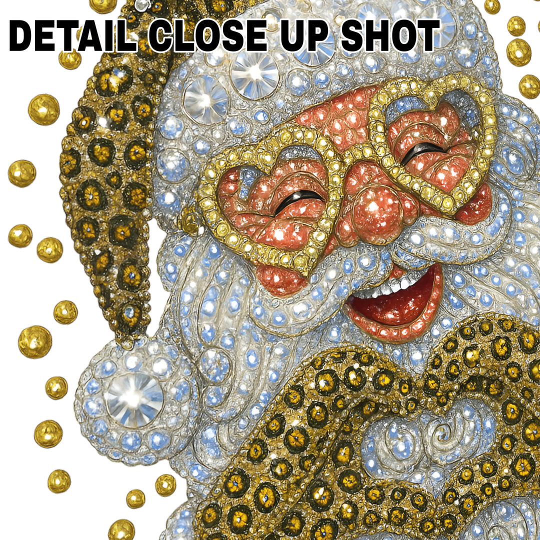 Rhinestone Santa face Christmas DTF transfer with golden hat, crystal embellishments, and dimensional sparkle effects on clear film