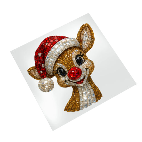 Christmas reindeer DTF transfer on white background showing rhinestone mosaic pattern with red Santa hat, golden body, and crystal accents ready to press