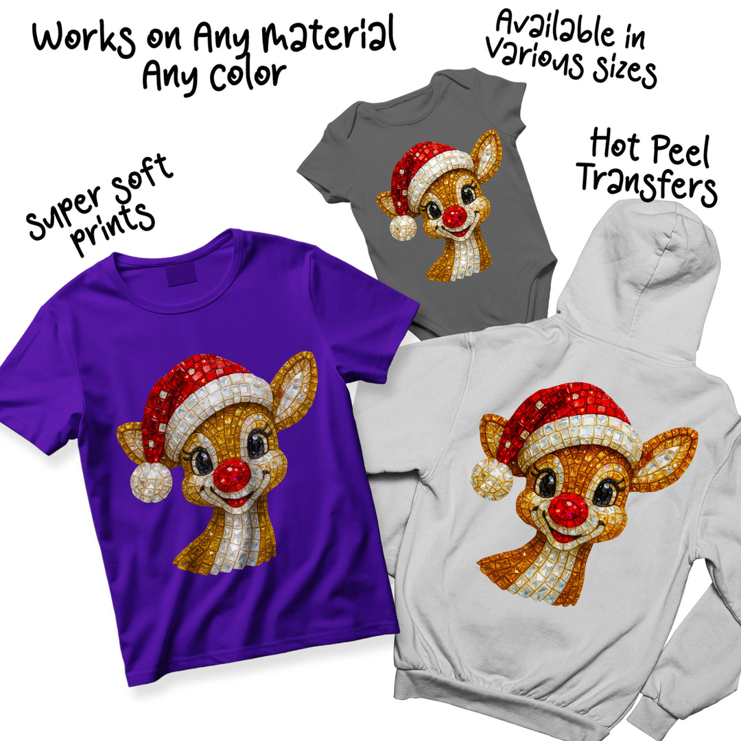 Multiple color variations of Christmas rhinestone reindeer DTF transfer showing different gemstone effect combinations in gold, red, and crystal tones