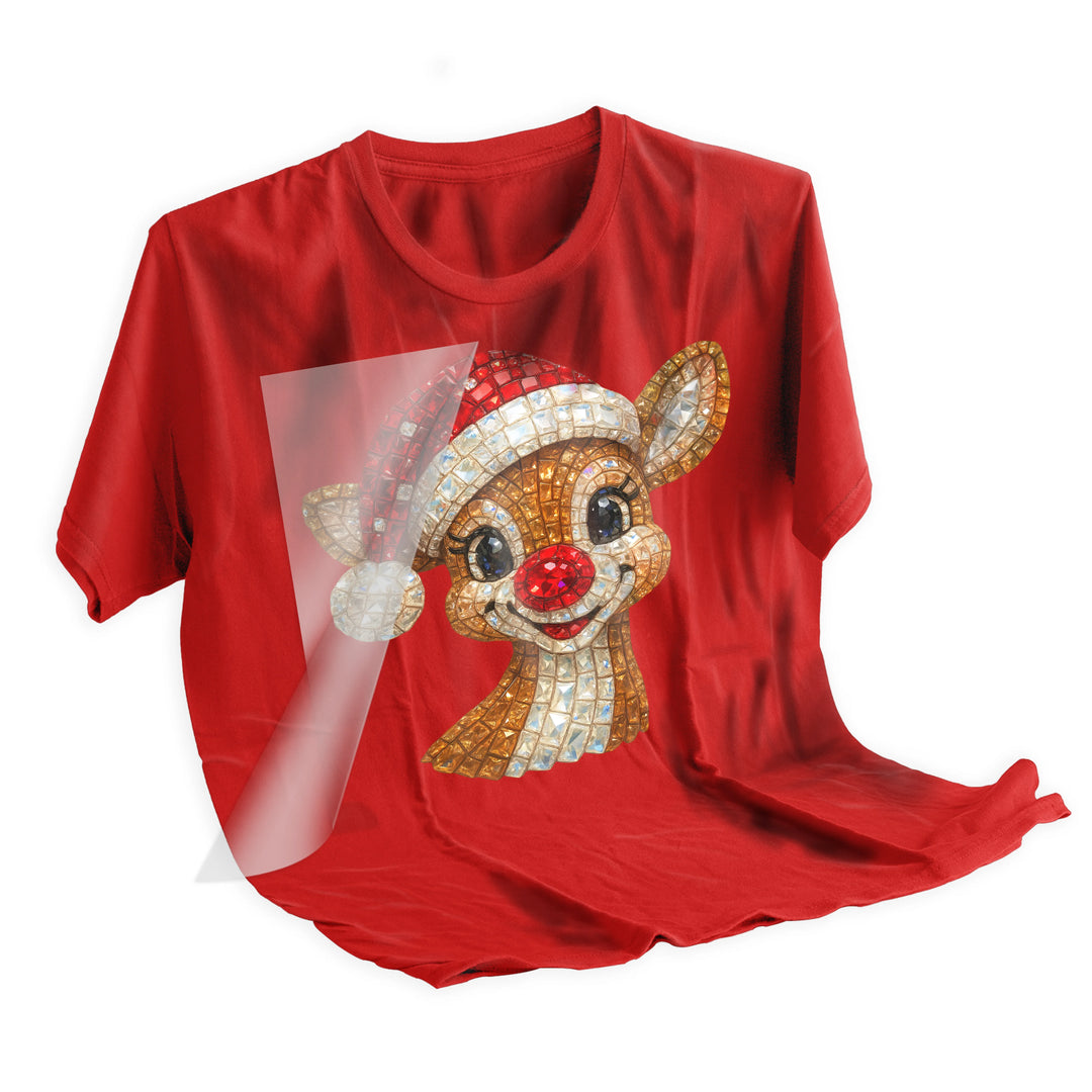 Applied Christmas rhinestone reindeer DTF transfer on dark shirt showing professional heat press results with vibrant mosaic tile pattern and festive details