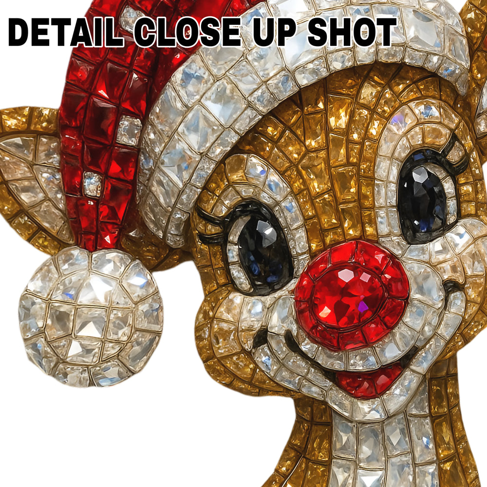 Christmas rhinestone effect reindeer DTF transfer with mosaic tile pattern featuring golden reindeer wearing red Santa hat with crystal and gold gemstone-look details