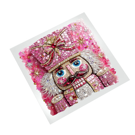 Christmas nutcracker DTF transfer design featuring pink and gold rhinestone details with sparkling sequin texture on white background