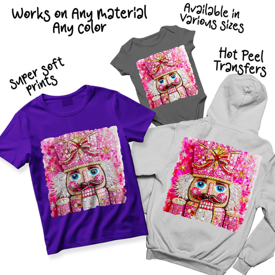 Multiple color variations of rhinestone nutcracker Christmas DTF transfers showing different seasonal color combinations