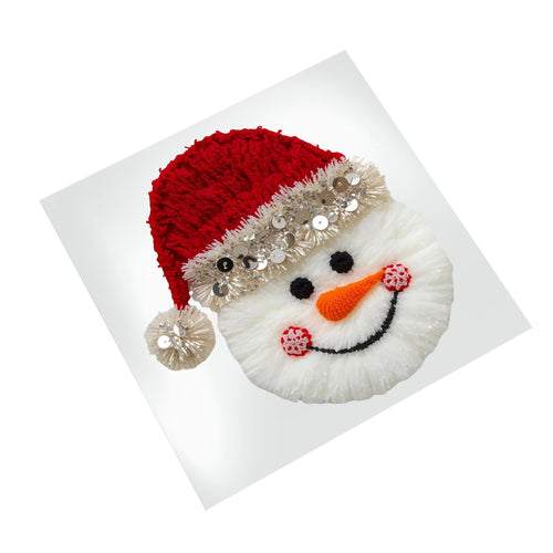 Christmas snowman DTF transfer mockup showing festive snowman face with sparkling red Santa hat on white background for holiday apparel