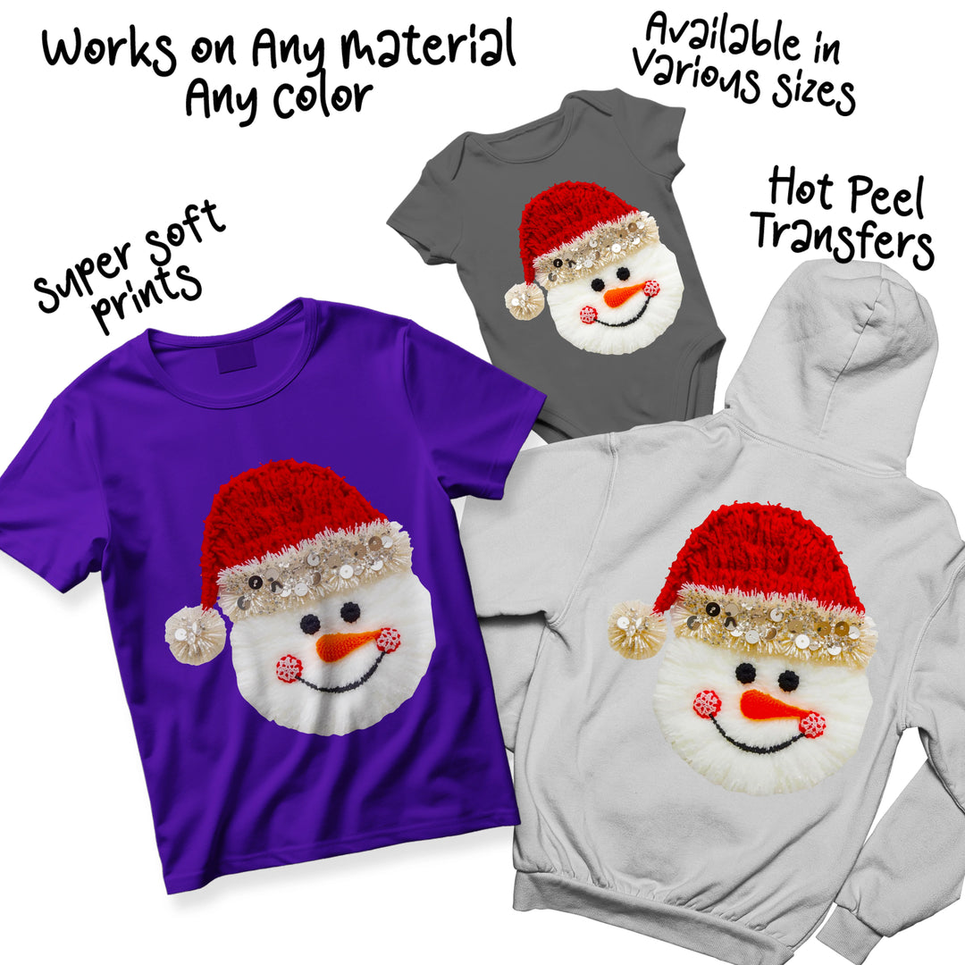Detailed view of Christmas snowman face DTF transfer featuring textured red Santa hat with sequined trim and pom-pom accent
