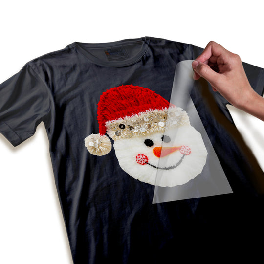 Close-up detail shot of Christmas snowman DTF transfer showing high-quality print resolution, sequin details and smooth adhesive backing