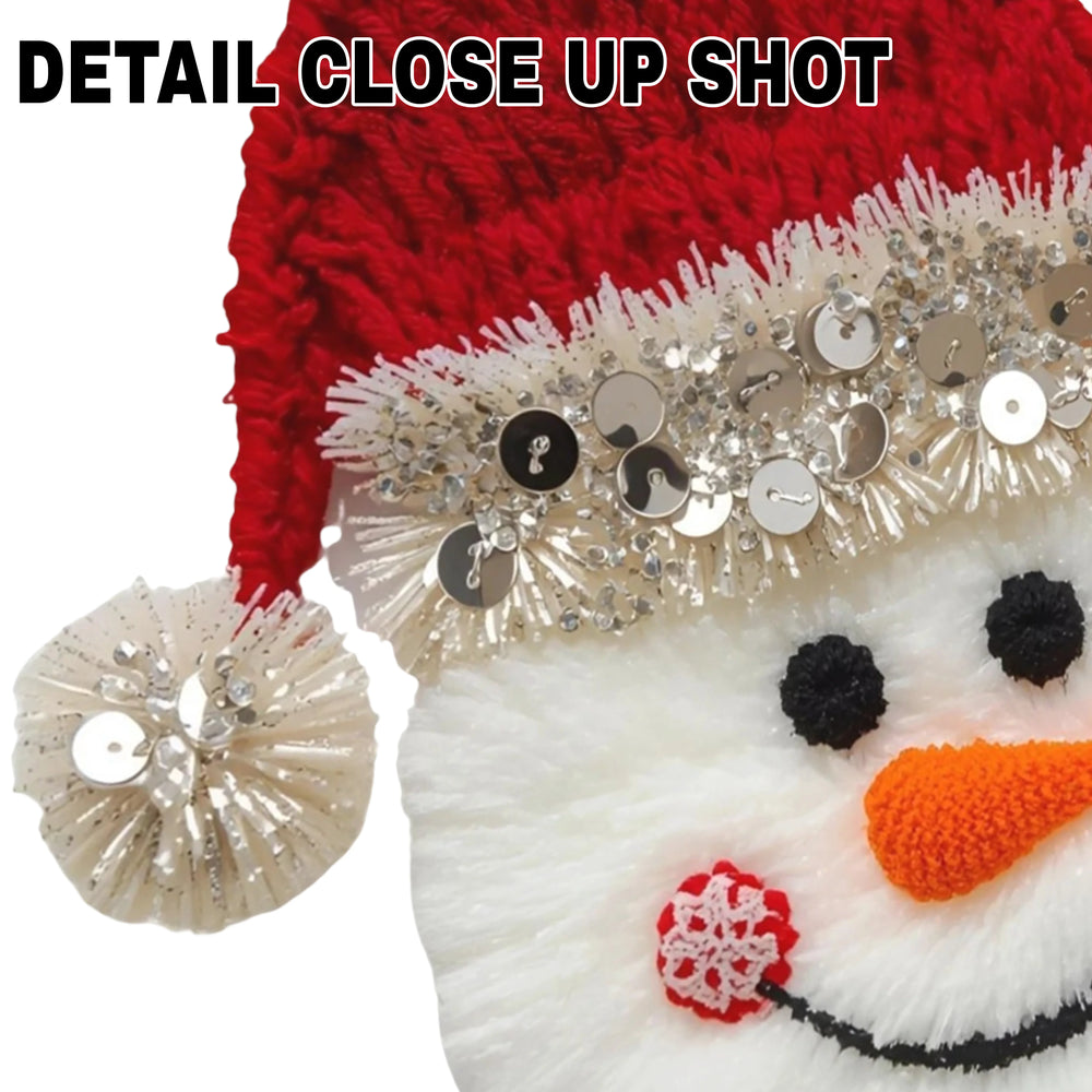 Christmas snowman face DTF transfer design with red Santa hat, sequin trim, carrot nose and friendly smile on transparent background