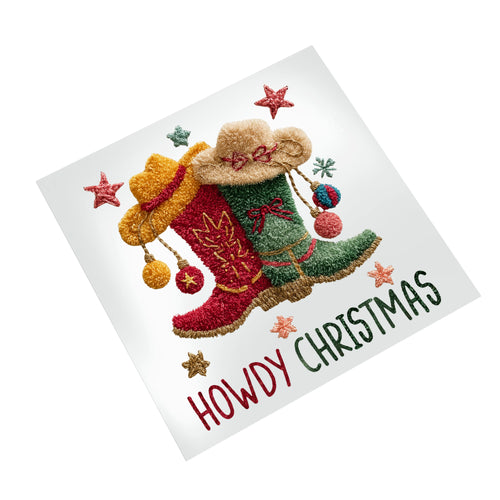 Christmas cowboy boots DTF transfer on white background showing embroidered texture detail with red, green, and gold holiday colors