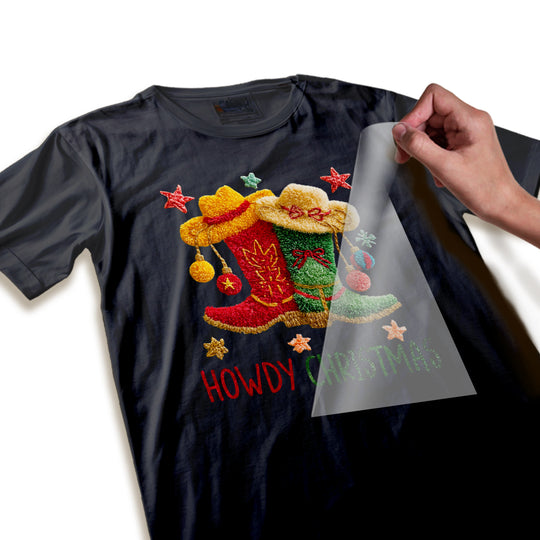 Close-up detail of Christmas DTF transfer showing high-quality embroidered texture and precise color registration on cowboy boots design