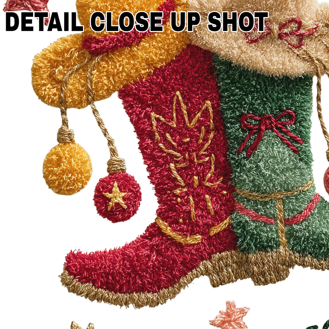 Christmas DTF transfer design featuring decorative cowboy boots with holiday ornaments, stars, and Howdy Christmas text in Western style lettering