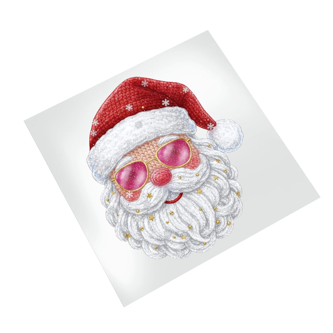 Cool Santa Christmas DTF transfer with pink gradient sunglasses and festive snowflake details displayed on clean white background for product showcase