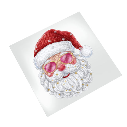 Cool Santa Christmas DTF transfer with pink gradient sunglasses and festive snowflake details displayed on clean white background for product showcase
