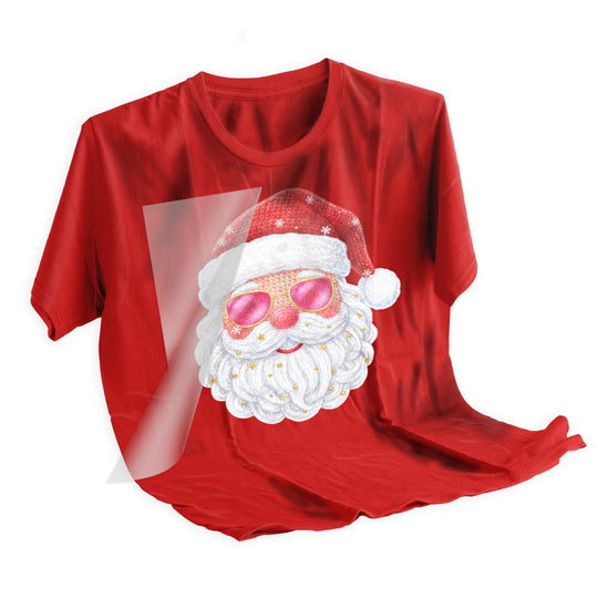 Christmas Santa DTF transfer applied to dark colored t-shirt showing final pressed result with vibrant colors and professional finish