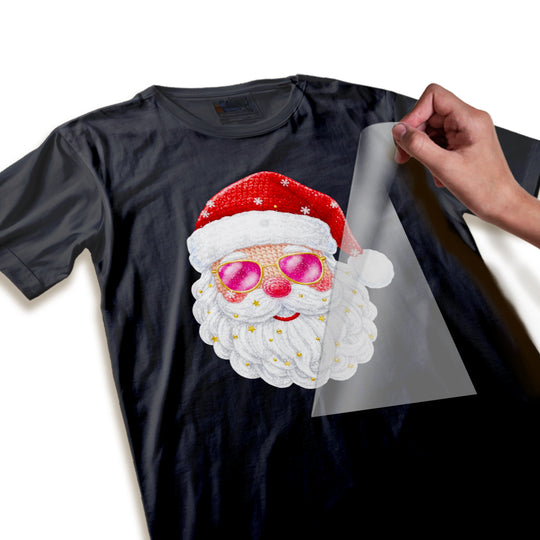 Close-up detail shot of Christmas Santa DTF transfer highlighting the sparkly hat texture, gradient sunglasses, and intricate beard details