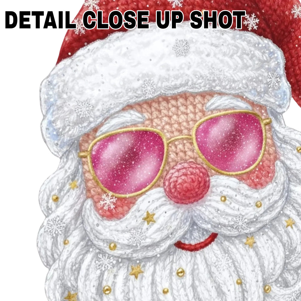 Christmas DTF transfer design featuring Santa Claus face with pink sunglasses, red sparkly hat with snowflakes, and white beard on transparent background