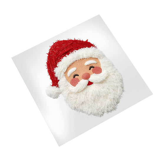 Santa Claus face DTF transfer with dimensional yarn-like texture showing rosy cheeks and cheerful expression on white background mockup