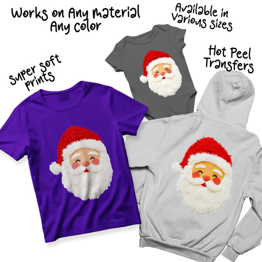 Christmas Santa DTF transfer displaying color variations of the faux yarn textured design with red hat and fluffy white beard