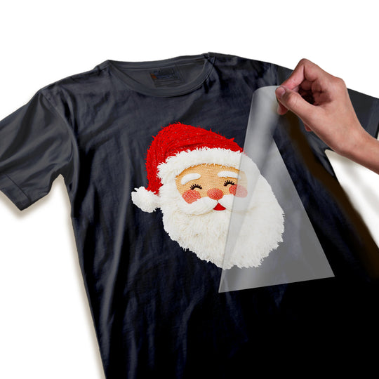 Close-up detail shot of Santa face DTF transfer highlighting the realistic faux yarn texture and fine embroidered-look details