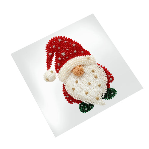 Christmas gnome Santa DTF transfer displayed on white background showing detailed faux yarn knit texture, red Santa hat with pom pom, and sparkling accents