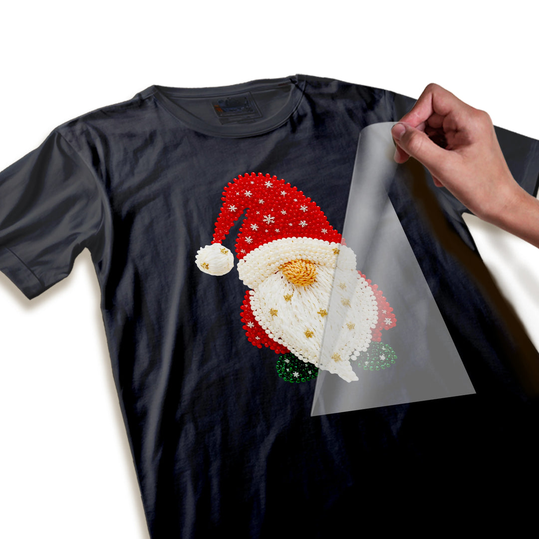 Close-up detail shot of Christmas gnome Santa DTF transfer showing intricate faux yarn stitching texture, embroidered-style details, and snowflake embellishments