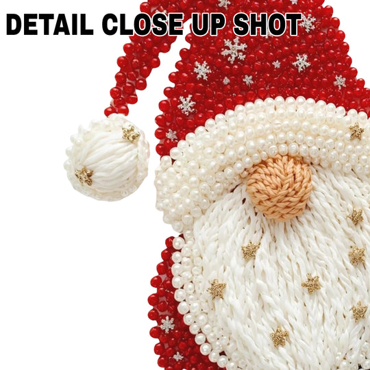 Christmas gnome Santa DTF transfer design with red knit-style hat, white beard, and green collar featuring faux yarn texture and snowflake details