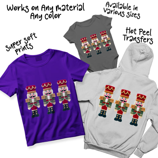 Multi-color Christmas nutcracker DTF transfer variations showing different colorway options for the three nutcracker soldier design