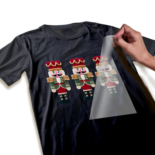 Close-up detail of Christmas nutcracker DTF transfer showing the intricate faux yarn texture and embroidered appearance