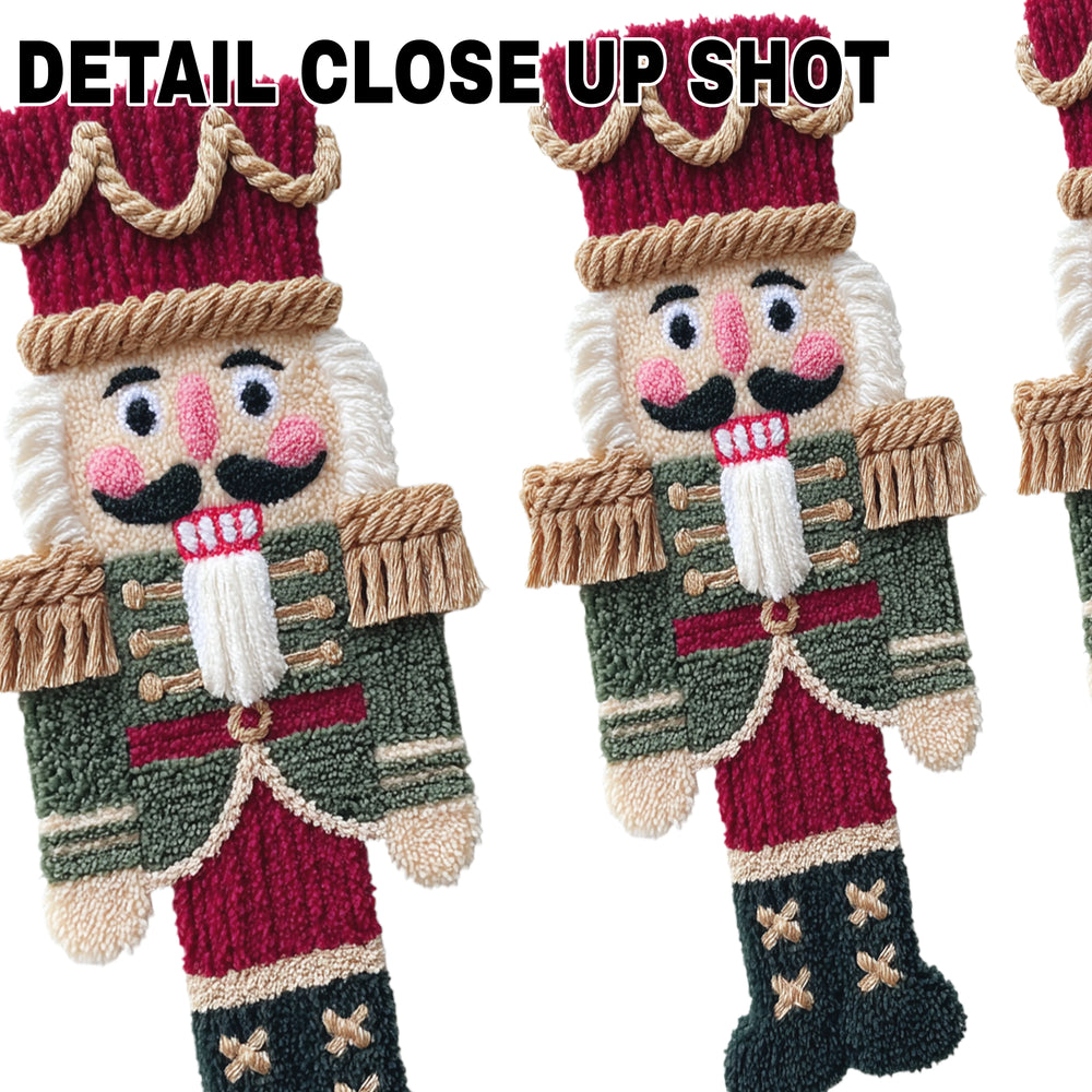 Christmas DTF transfer design showing three nutcracker soldiers with faux yarn texture in traditional red, green and gold colors