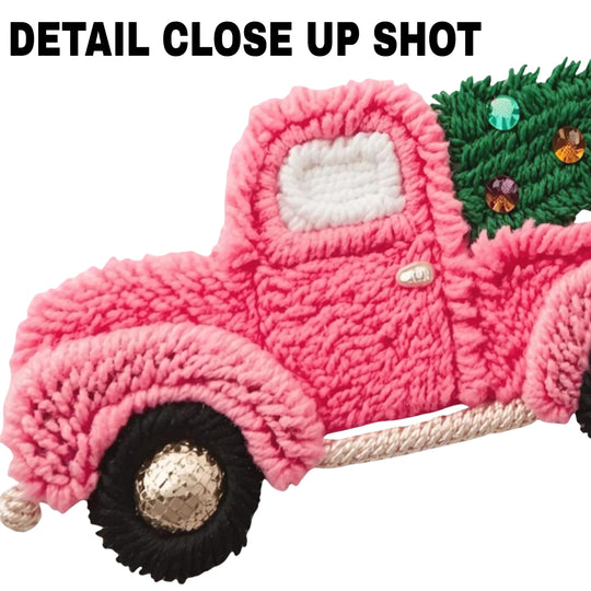 Christmas DTF transfer design showing pink pickup truck carrying decorated Christmas tree with faux yarn textured finish