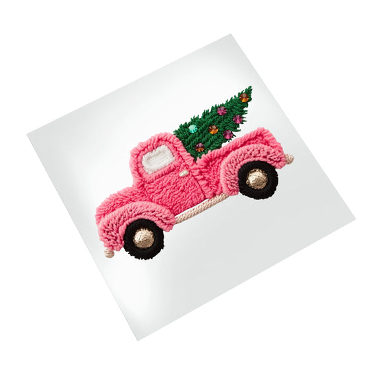 Pink Christmas truck DTF transfer on white background showing detailed faux yarn texture and holiday tree decorations
