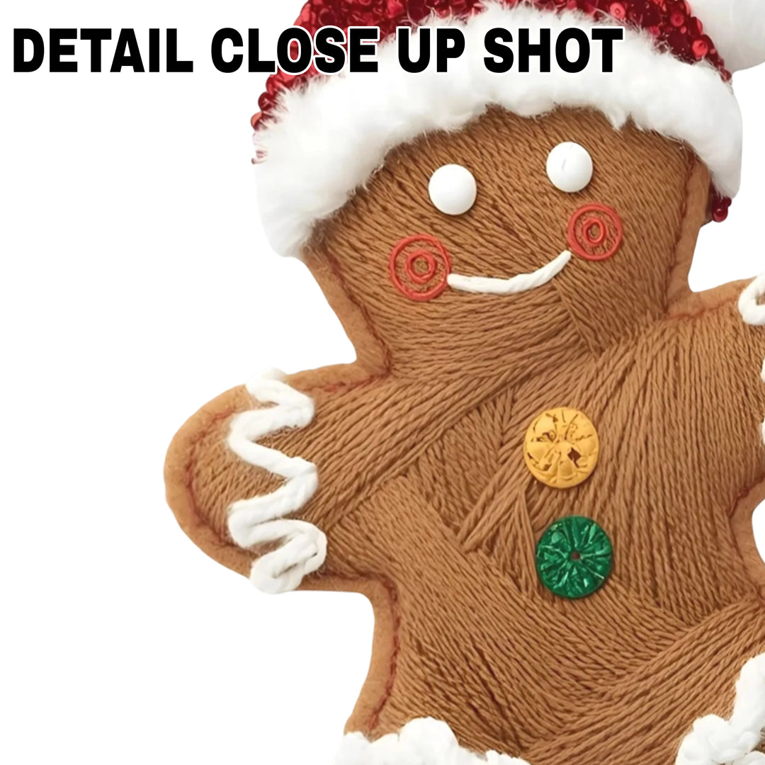 Christmas DTF transfer design featuring brown gingerbread man with red sequined Santa hat, white icing details, and colorful buttons on transparent background