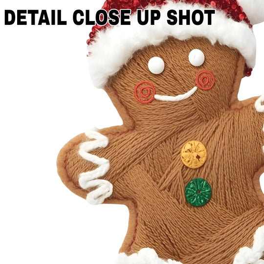 Christmas DTF transfer design featuring brown gingerbread man with red sequined Santa hat, white icing details, and colorful buttons on transparent background