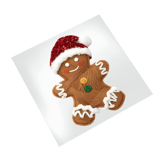 Christmas gingerbread Santa DTF transfer displayed on clean white background showing textured brown body, glittery red hat, and sweet facial features