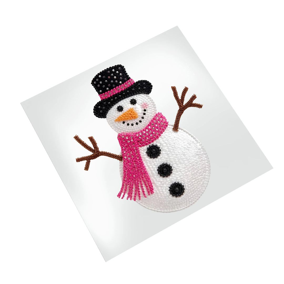 Christmas snowman DTF transfer ready to press showing detailed sequined hat and fringe scarf design