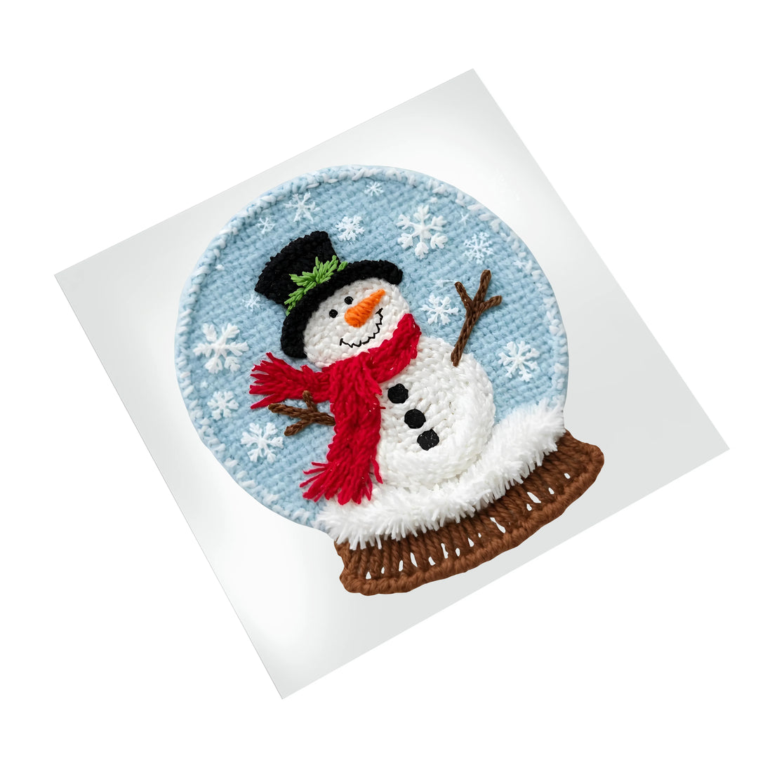 Christmas snowman snow globe DTF transfer on white background showing detailed embroidered-style texture and vibrant holiday colors