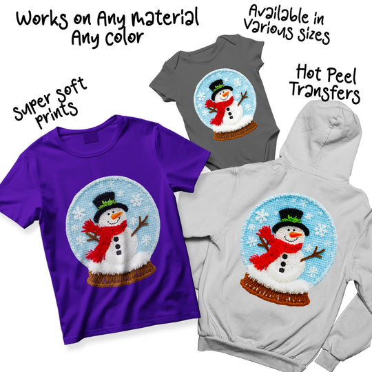 Christmas snowman snow globe DTF transfer color variations displaying different background options and seasonal color schemes