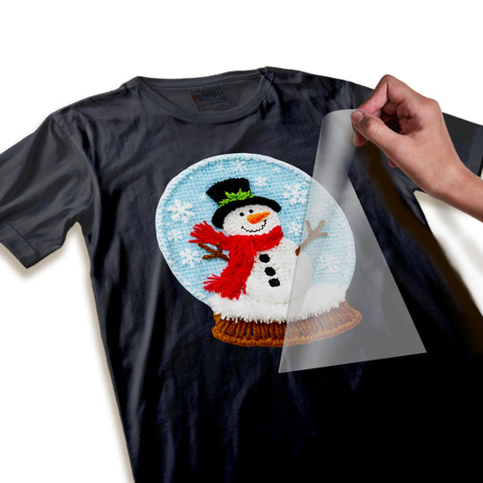 Close-up detail of Christmas snowman snow globe DTF transfer showing textural elements, snowflake details, and print quality