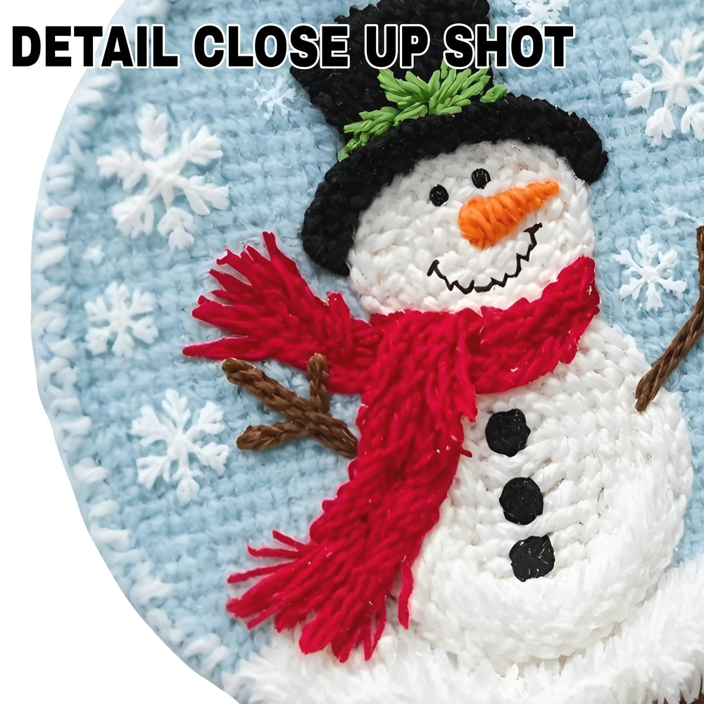 Christmas snowman snow globe DTF transfer design featuring snowman with black top hat, red scarf, and falling snowflakes on blue background