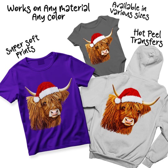 Christmas Highland cow DTF transfer variations showing different color options and sizing choices