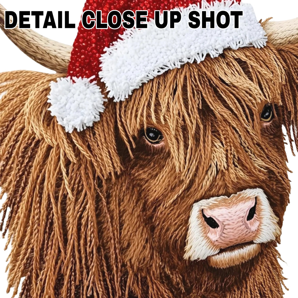 Christmas Highland cow DTF transfer design showing brown furry cow with red Santa hat on transparent background