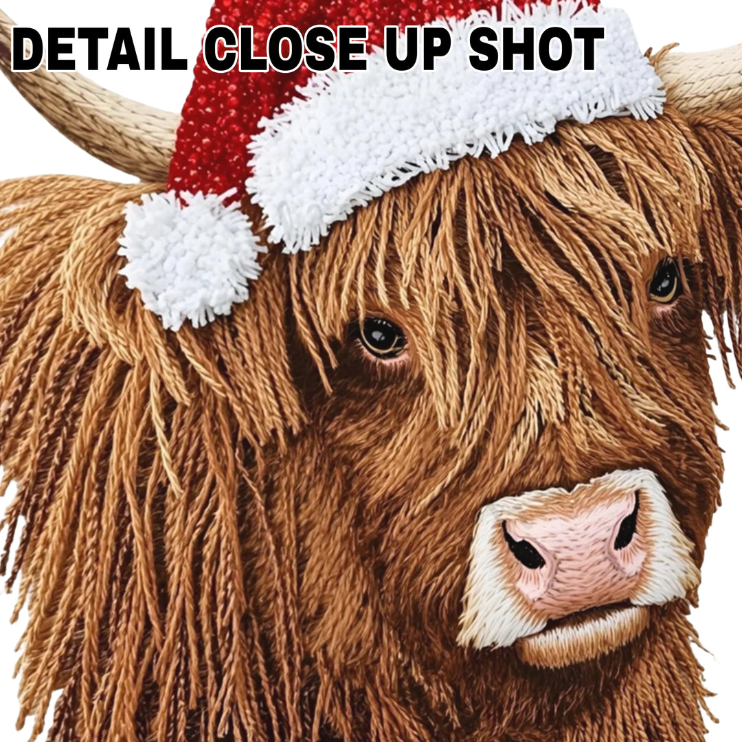 Christmas Highland cow DTF transfer design showing brown furry cow with red Santa hat on transparent background