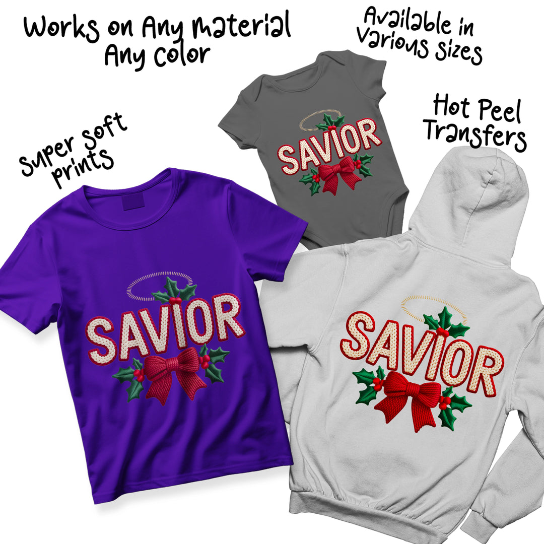 Christmas DTF transfer variations showing SAVIOR knit text design in different colorways with consistent holly and bow embellishments
