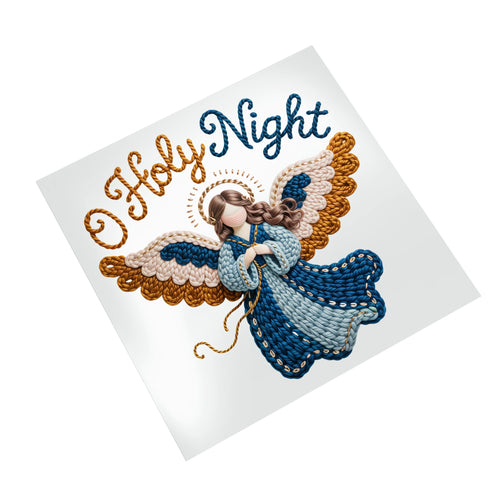 O Holy Night angel Christmas DTF transfer displayed on white background showing detailed stitching texture and blue, cream, and gold color scheme