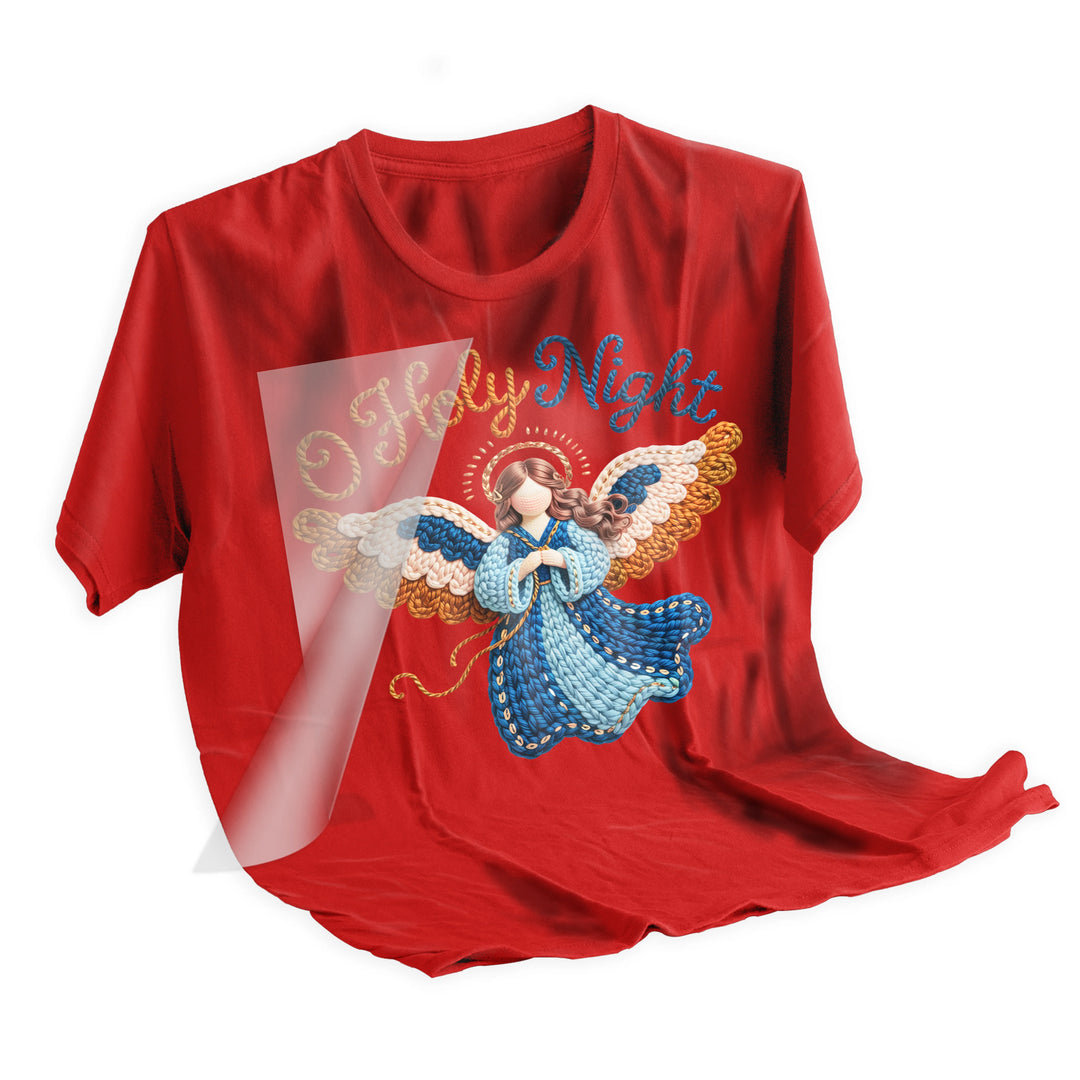 O Holy Night angel DTF transfer applied to dark shirt showing vibrant colors and dimensional embroidered texture effect